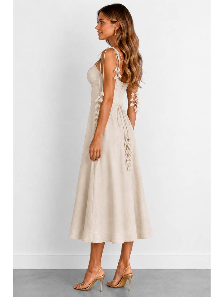 Enchanted Leaf Tie Midi Dress - Beige