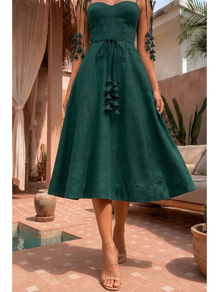 Enchanted Leaf Tie Midi Dress - Hunter Green