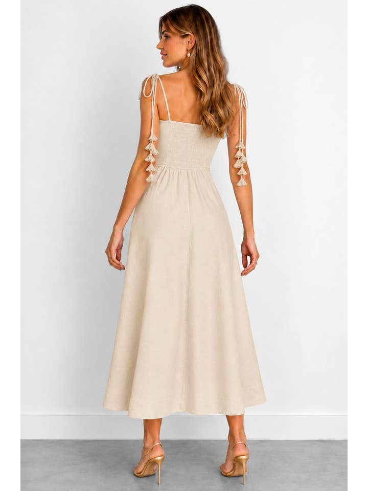Enchanted Leaf Tie Midi Dress - Beige