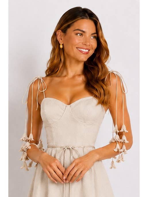 Enchanted Leaf Tie Midi Dress - Beige