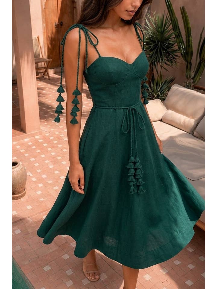 Enchanted Leaf Tie Midi Dress - Hunter Green