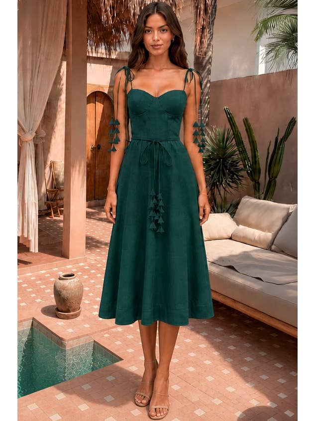 Enchanted Leaf Tie Midi Dress - Hunter Green
