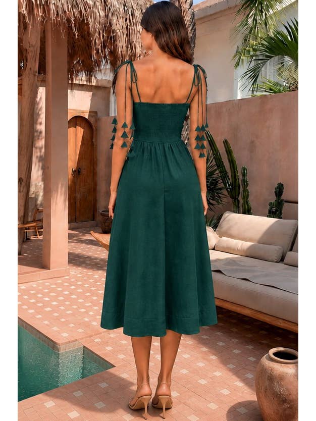 Enchanted Leaf Tie Midi Dress - Hunter Green