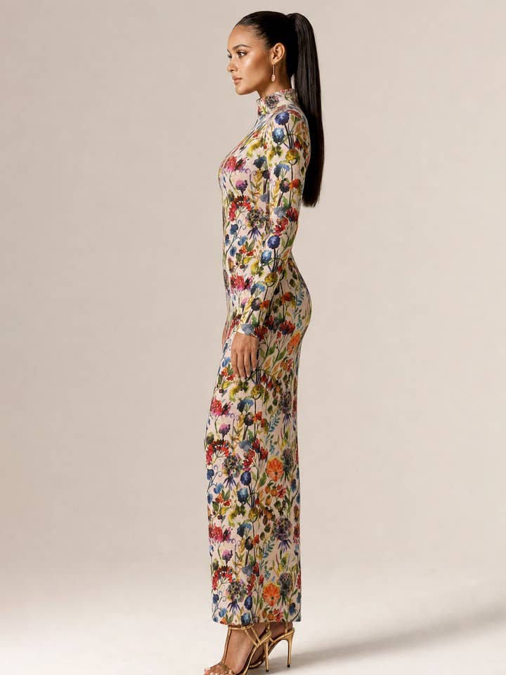 Alana Funnel Neck Mesh Maxi Dress - Garden Muse