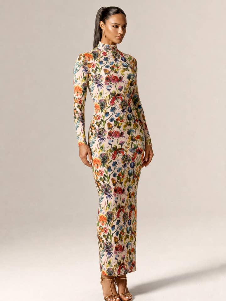 Alana Funnel Neck Mesh Maxi Dress - Garden Muse