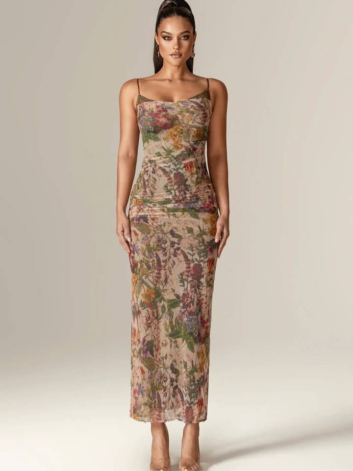 Evita Ruched Mesh Corset Maxi Dress - Garden Muse