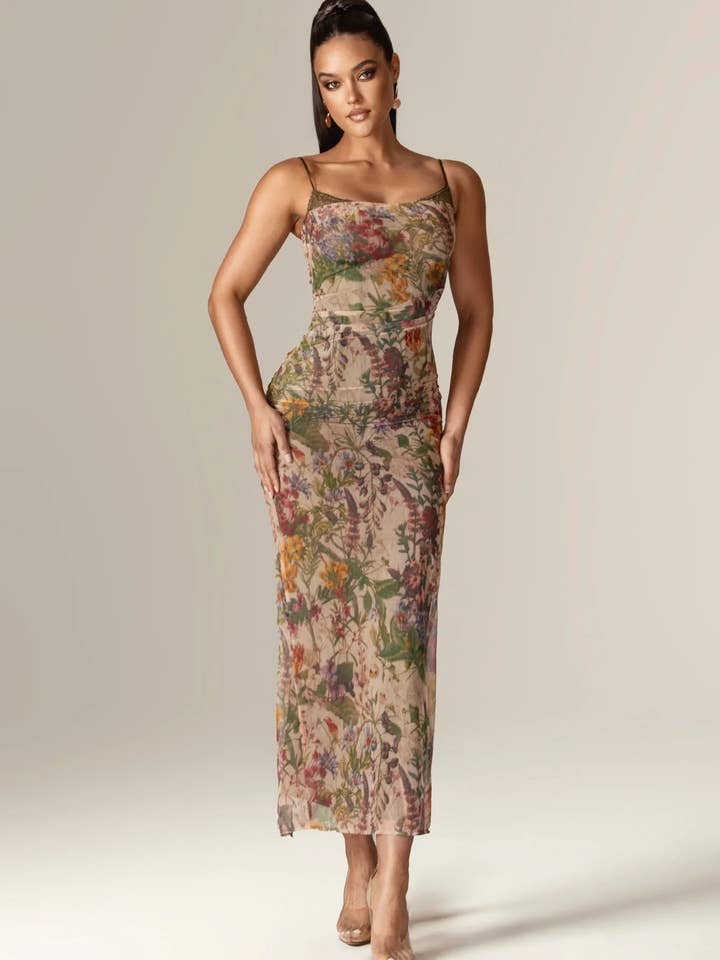 Evita Ruched Mesh Corset Maxi Dress - Garden Muse
