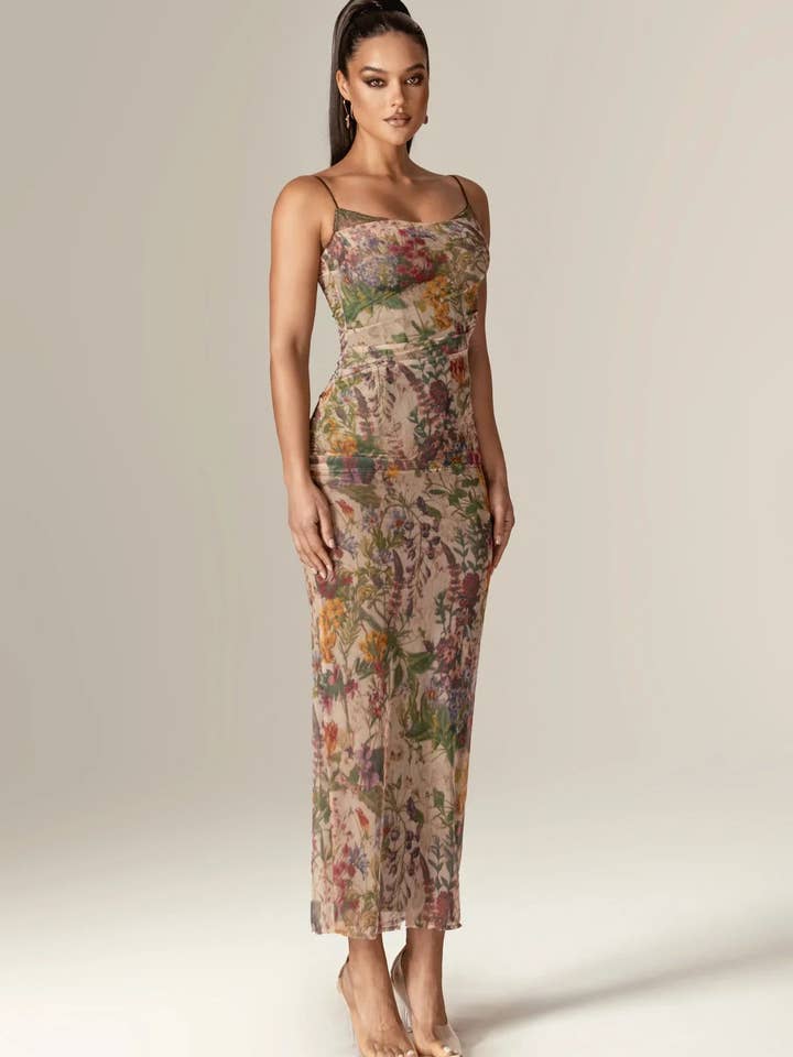Evita Ruched Mesh Corset Maxi Dress - Garden Muse