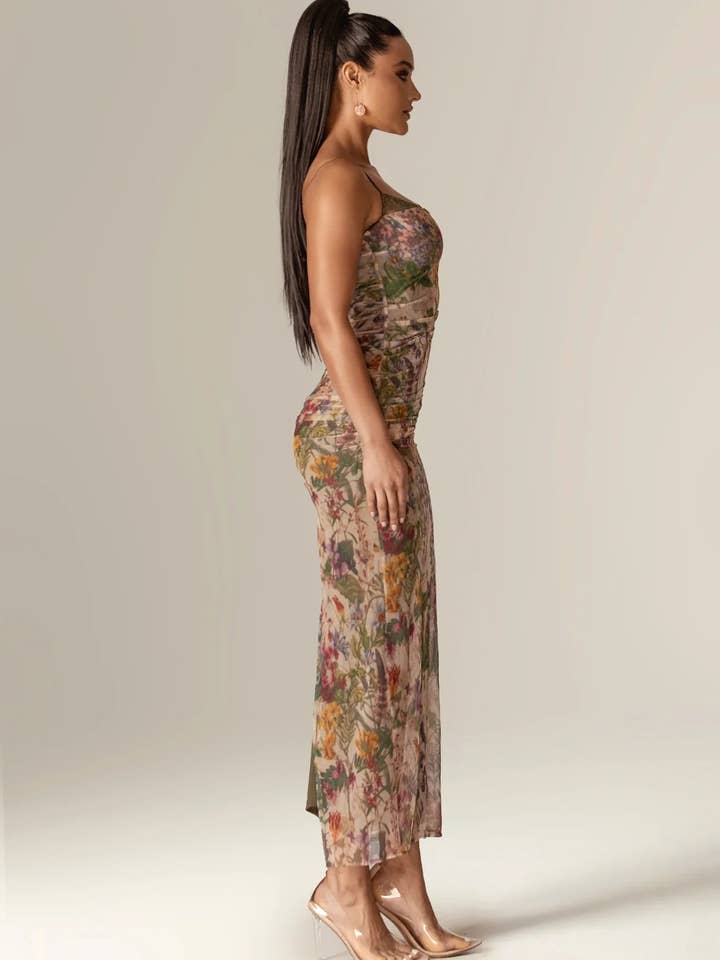 Evita Ruched Mesh Corset Maxi Dress - Garden Muse