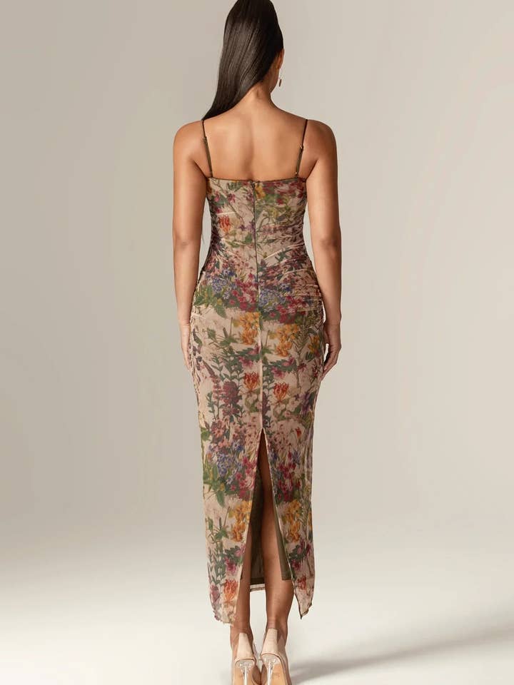Evita Ruched Mesh Corset Maxi Dress - Garden Muse