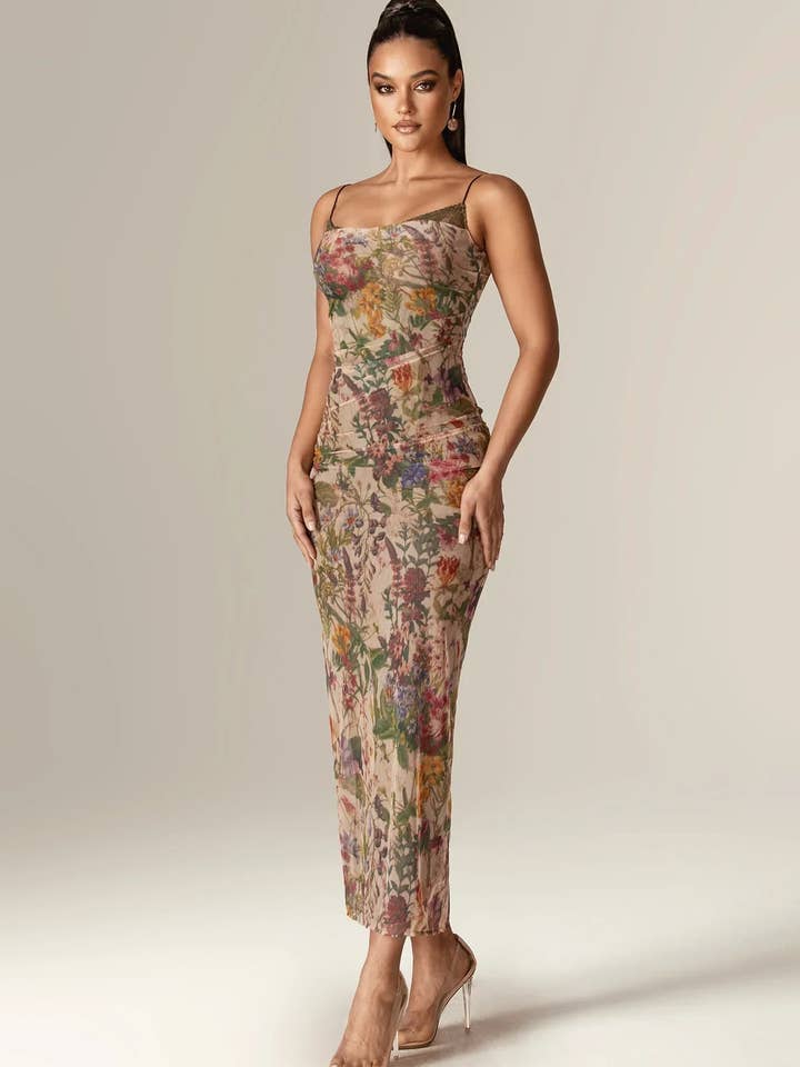Evita Ruched Mesh Corset Maxi Dress - Garden Muse