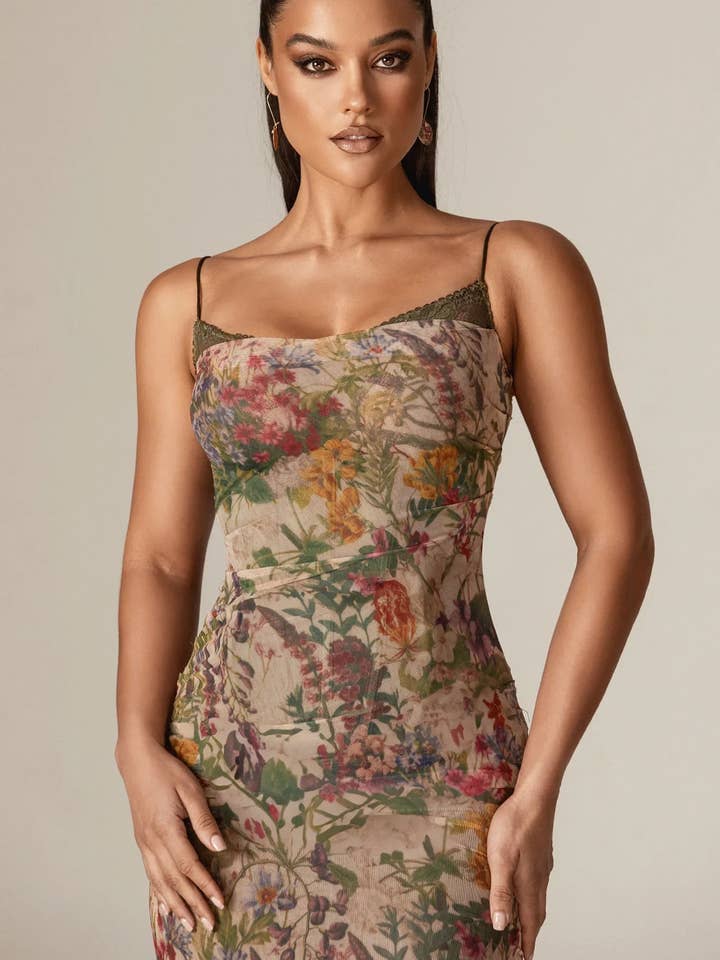 Evita Ruched Mesh Corset Maxi Dress - Garden Muse