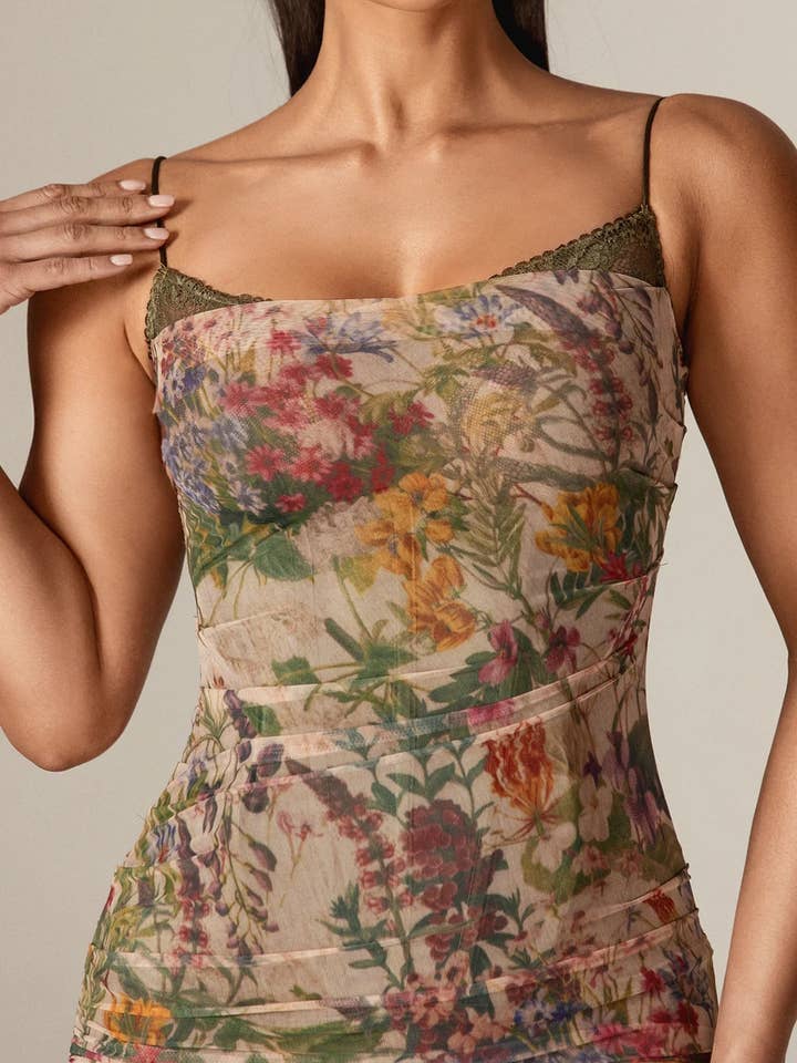 Evita Ruched Mesh Corset Maxi Dress - Garden Muse