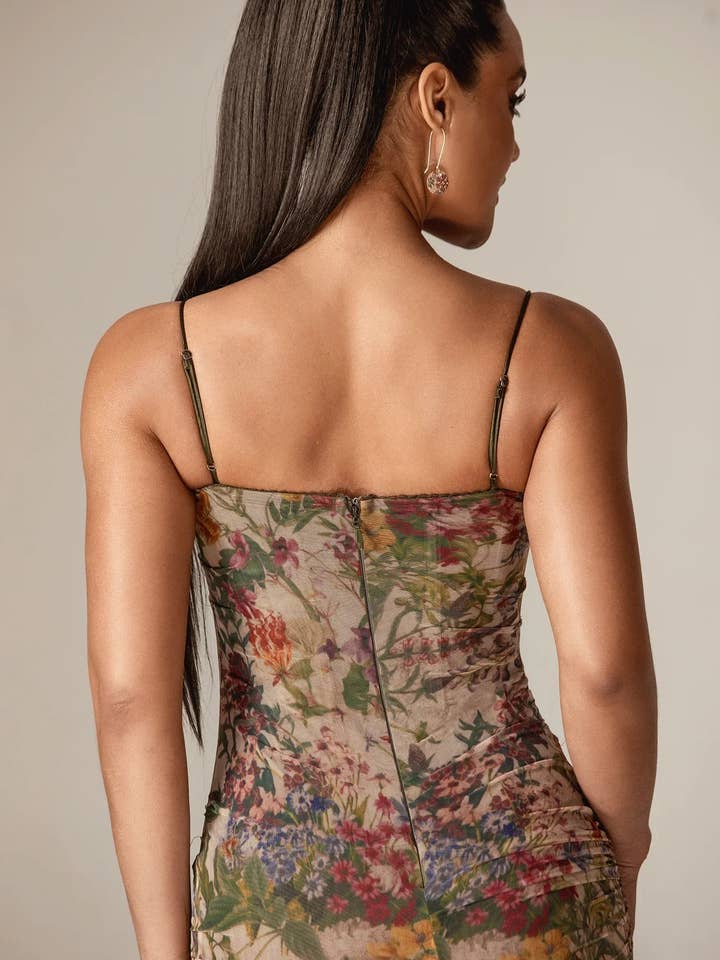 Evita Ruched Mesh Corset Maxi Dress - Garden Muse