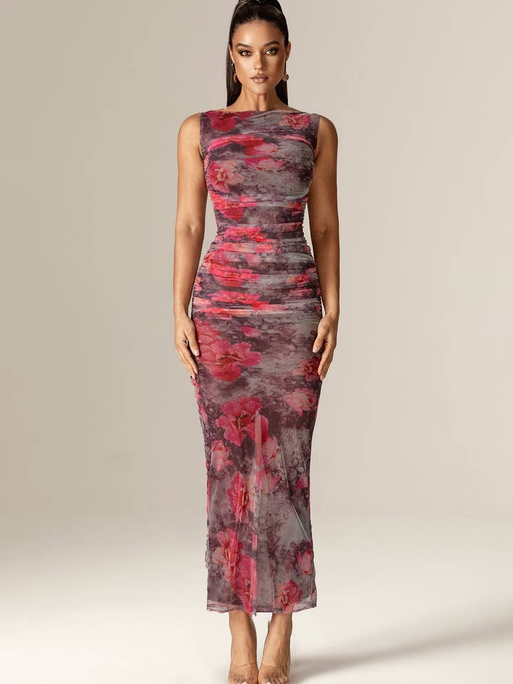 Ingrid Ruched Mesh Maxi Dress - Hibiscus Floral