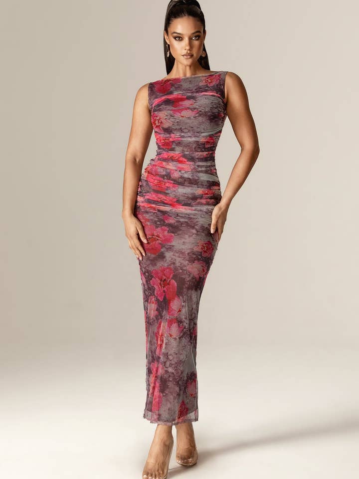 Ingrid Ruched Mesh Maxi Dress - Hibiscus Floral