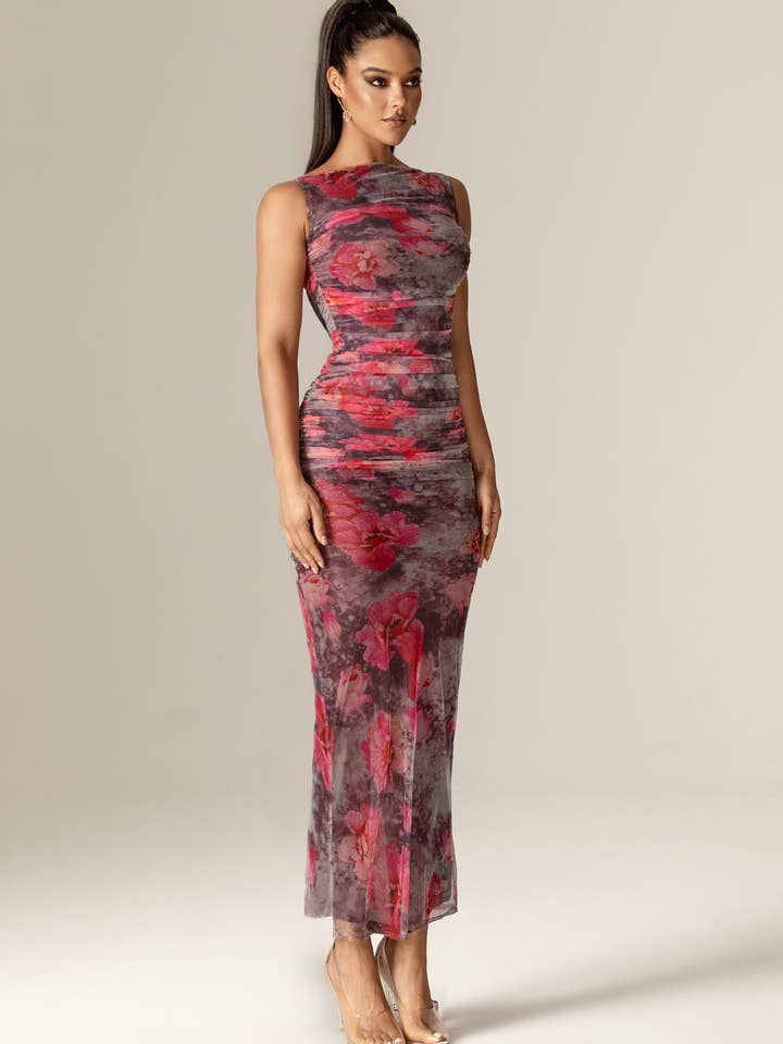 Ingrid Ruched Mesh Maxi Dress - Hibiscus Floral