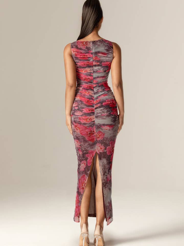 Ingrid Ruched Mesh Maxi Dress - Hibiscus Floral