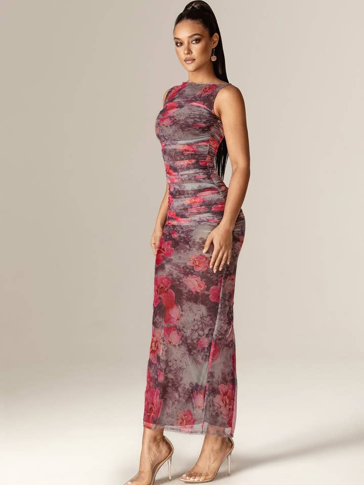 Ingrid Ruched Mesh Maxi Dress - Hibiscus Floral