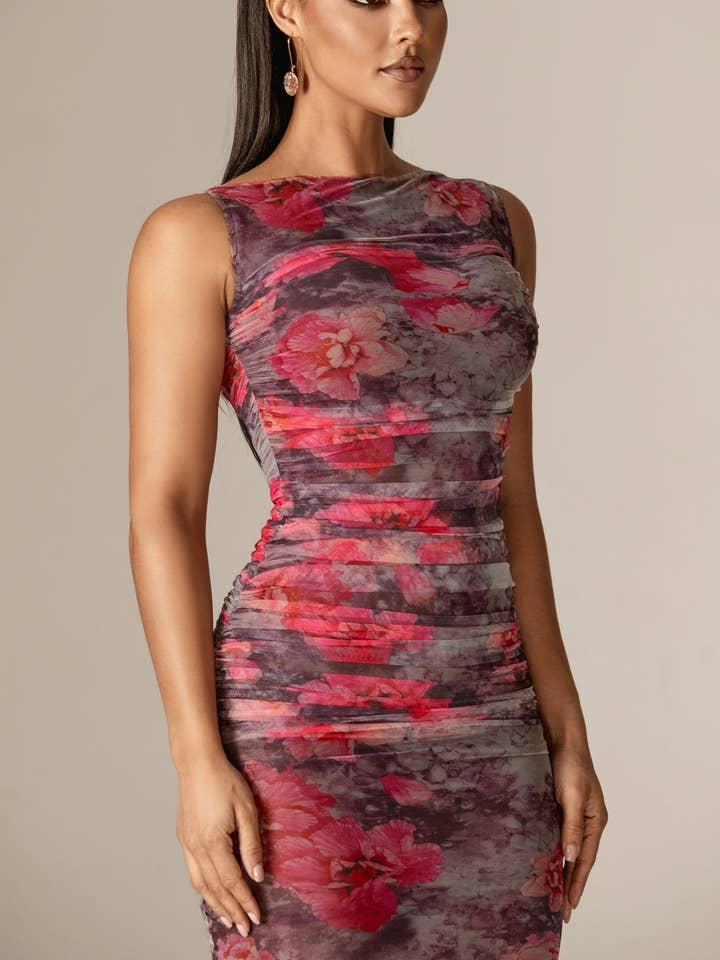 Ingrid Ruched Mesh Maxi Dress - Hibiscus Floral