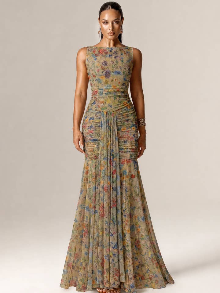Lynda Scoop Neck Mesh Maxi Dress - Botanical Garden