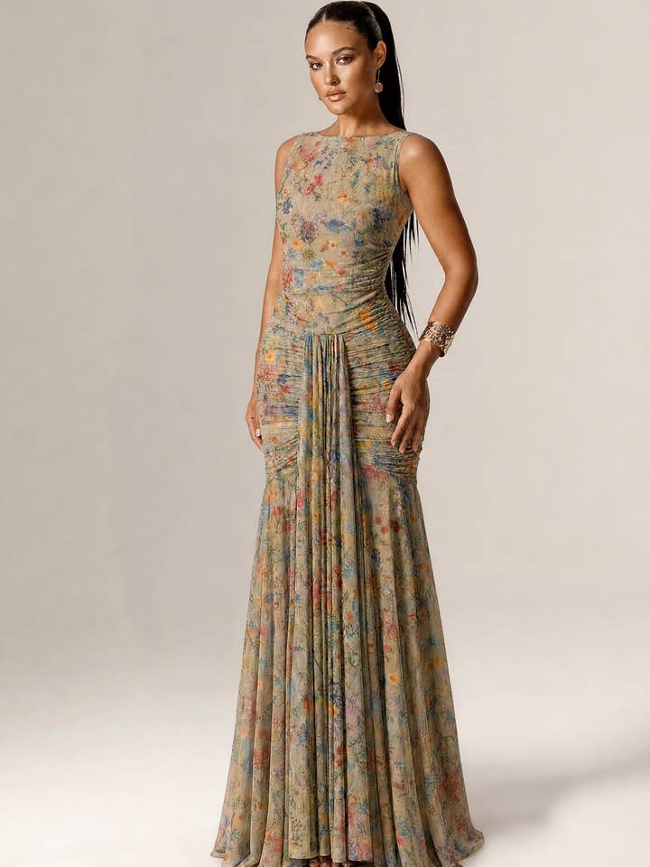 Lynda Scoop Neck Mesh Maxi Dress - Botanical Garden