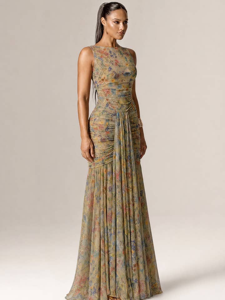 Lynda Scoop Neck Mesh Maxi Dress - Botanical Garden