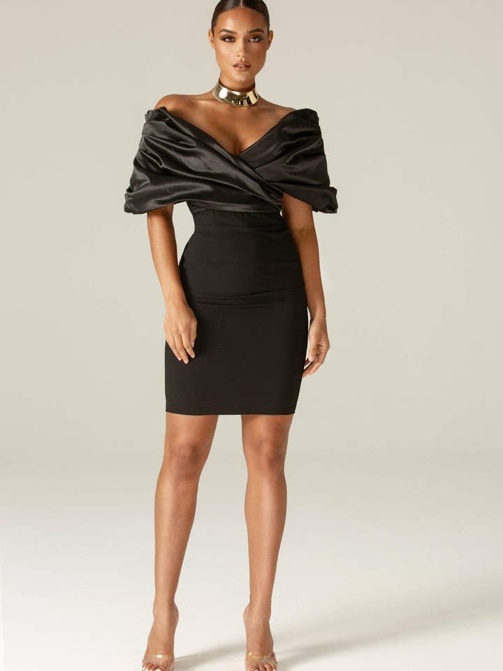 Maribel Ruffle Shoulder Crepe Mini Dress - Black