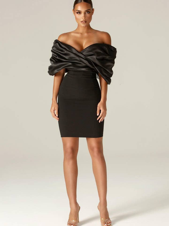 Maribel Ruffle Shoulder Crepe Mini Dress - Black