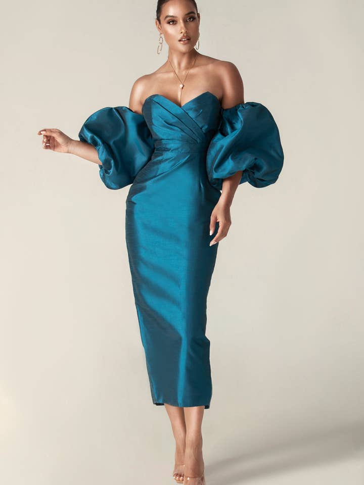 Tiffany Puff Sleeve Dupioni Maxi Dress - Royal Blue