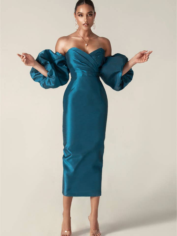 Tiffany Puff Sleeve Dupioni Maxi Dress - Royal Blue