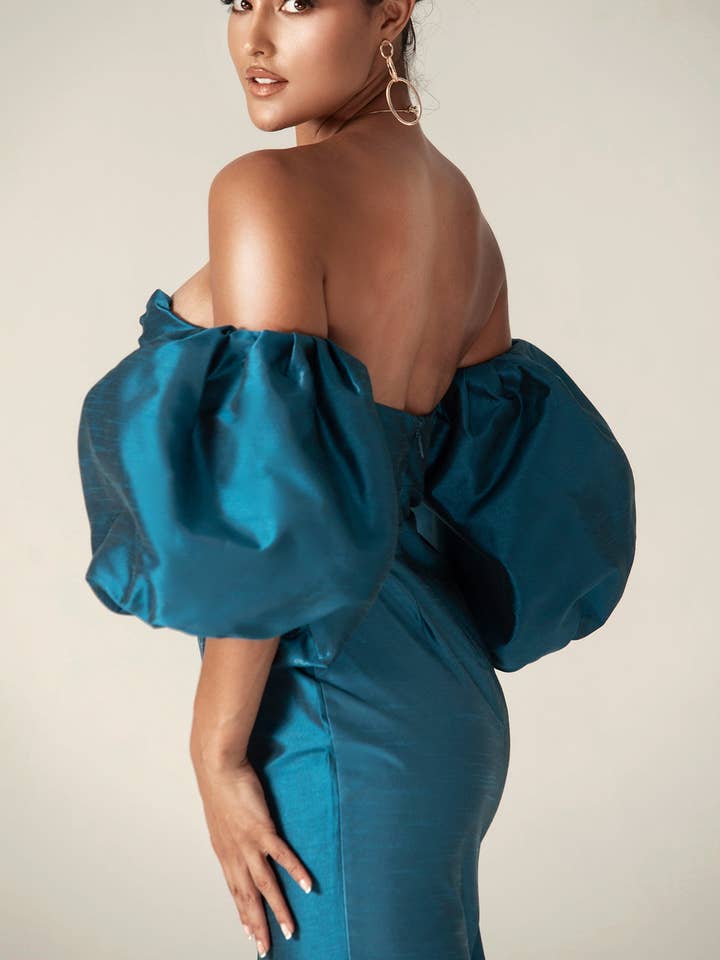 Tiffany Puff Sleeve Dupioni Maxi Dress - Royal Blue