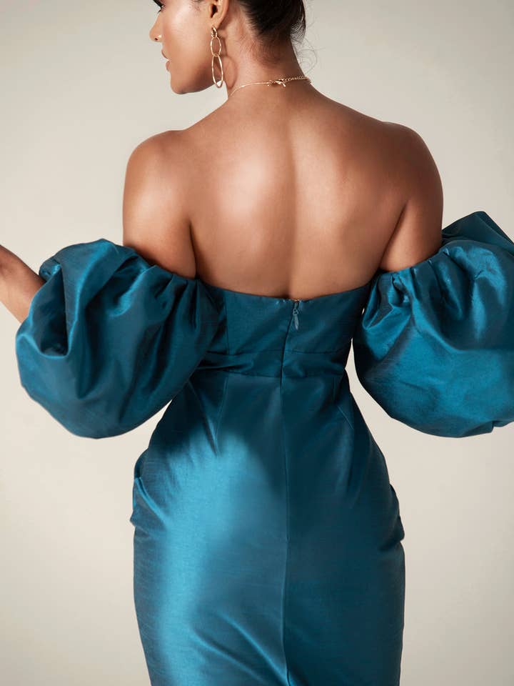 Tiffany Puff Sleeve Dupioni Maxi Dress - Royal Blue