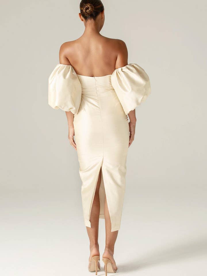 Tiffany Puff Sleeve Dupioni Maxi Dress - Beige