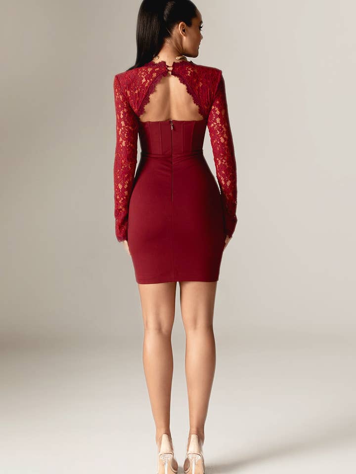 Elba Guipure Lace Corset Mini Dress - Maroon