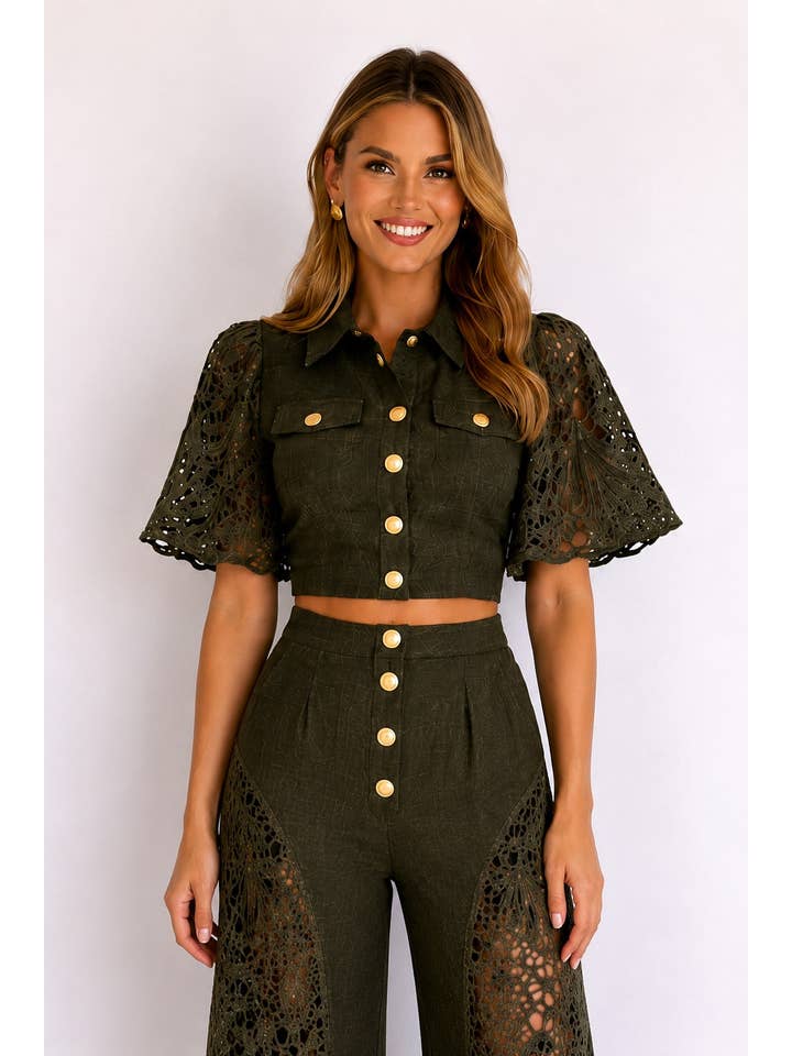 Serena Eyelet Shirt and Wide Leg Pants Set - Olive