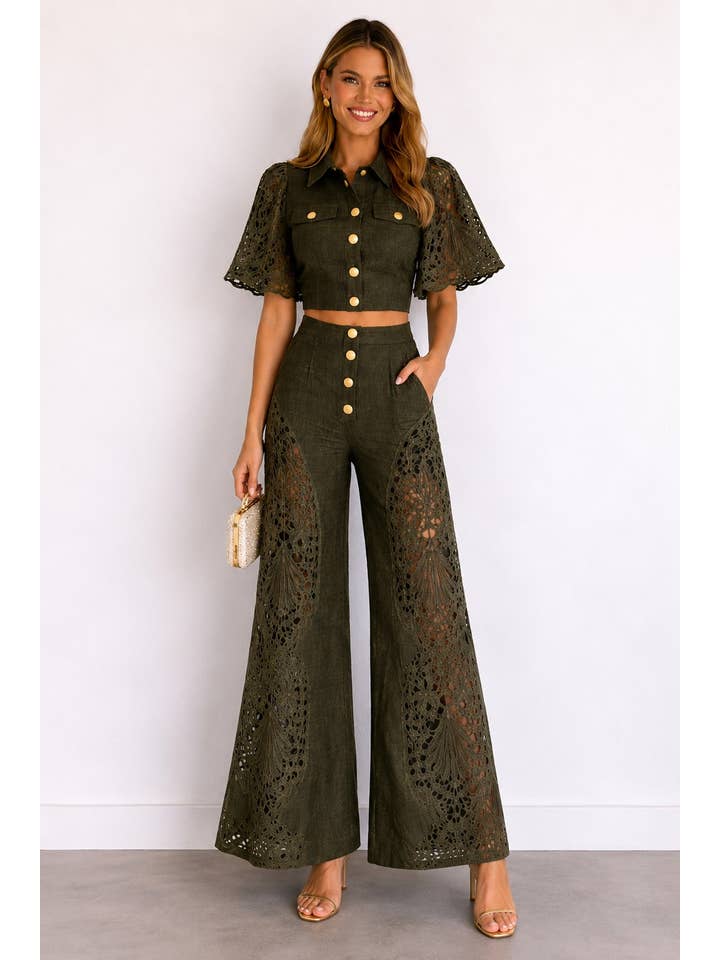 Serena Eyelet Shirt and Wide Leg Pants Set - Olive