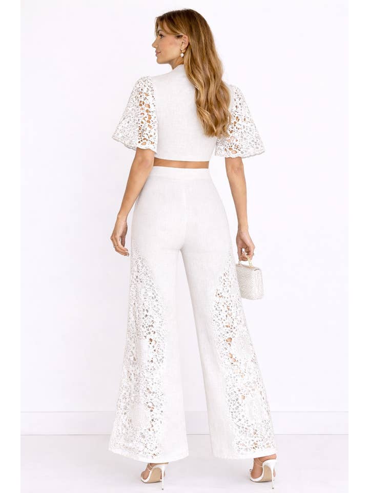 Serena Eyelet Shirt and Wide Leg Pants Set - White