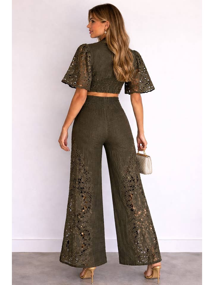 Serena Eyelet Shirt and Wide Leg Pants Set - Olive
