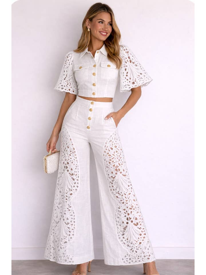Serena Eyelet Shirt and Wide Leg Pants Set - White