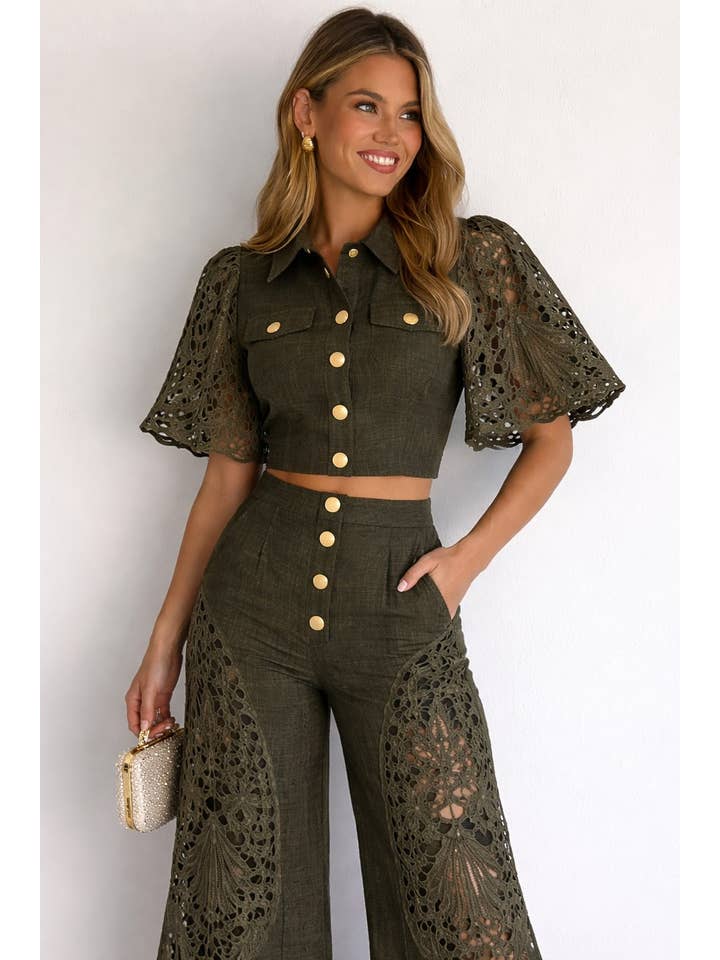 Serena Eyelet Shirt and Wide Leg Pants Set - Olive