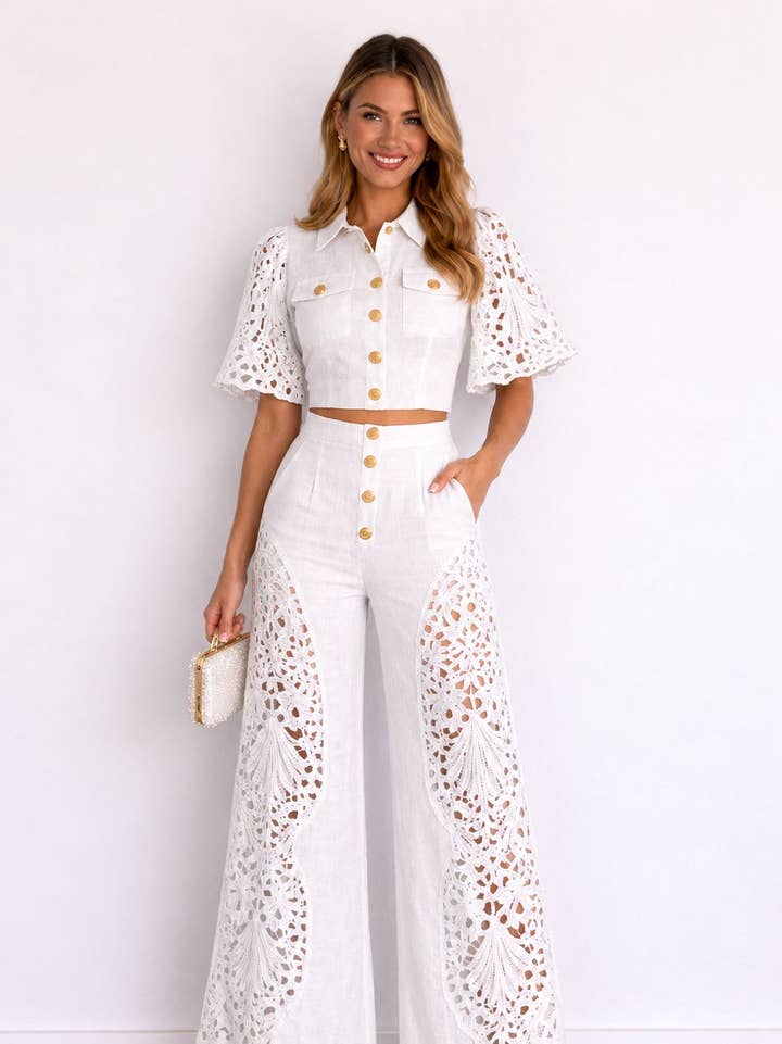 Serena Eyelet Shirt and Wide Leg Pants Set - White