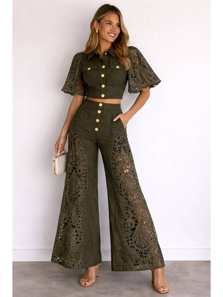 Serena Eyelet Shirt and Wide Leg Pants Set - Olive