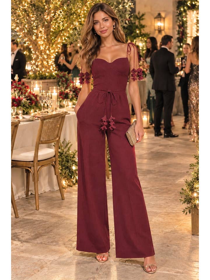 Willow Cascade Wide Leg Jumpsuit - Wine