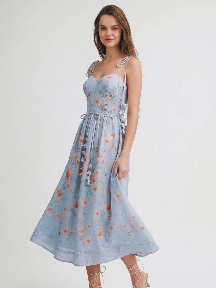 Floral Lace Up Midi Dress - Light Blue