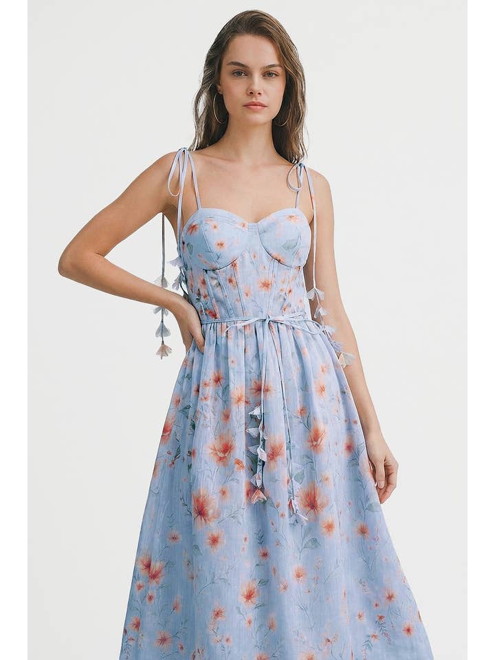 Floral Lace Up Midi Dress - Light Blue