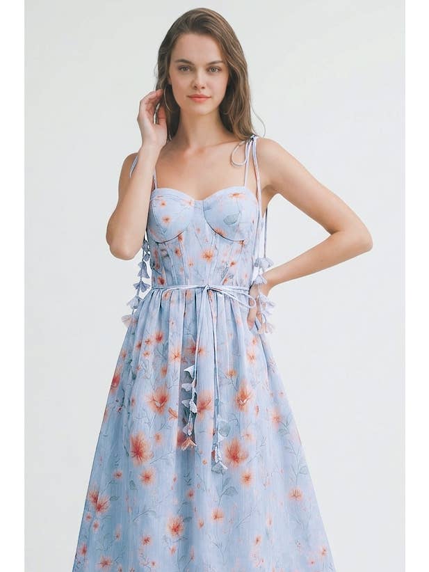 Floral Lace Up Midi Dress - Light Blue