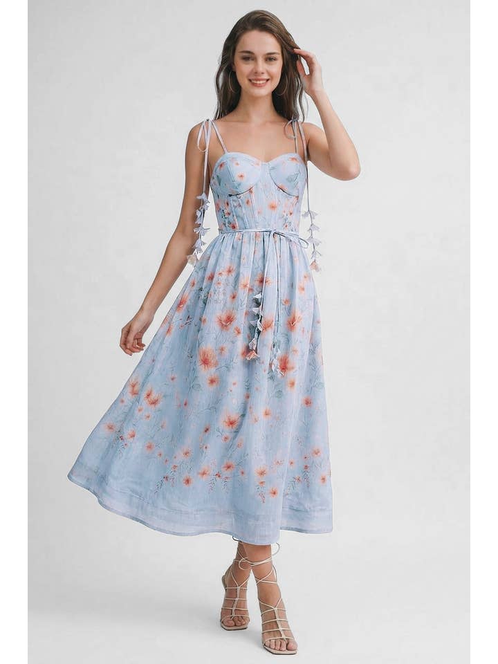 Floral Lace Up Midi Dress - Light Blue