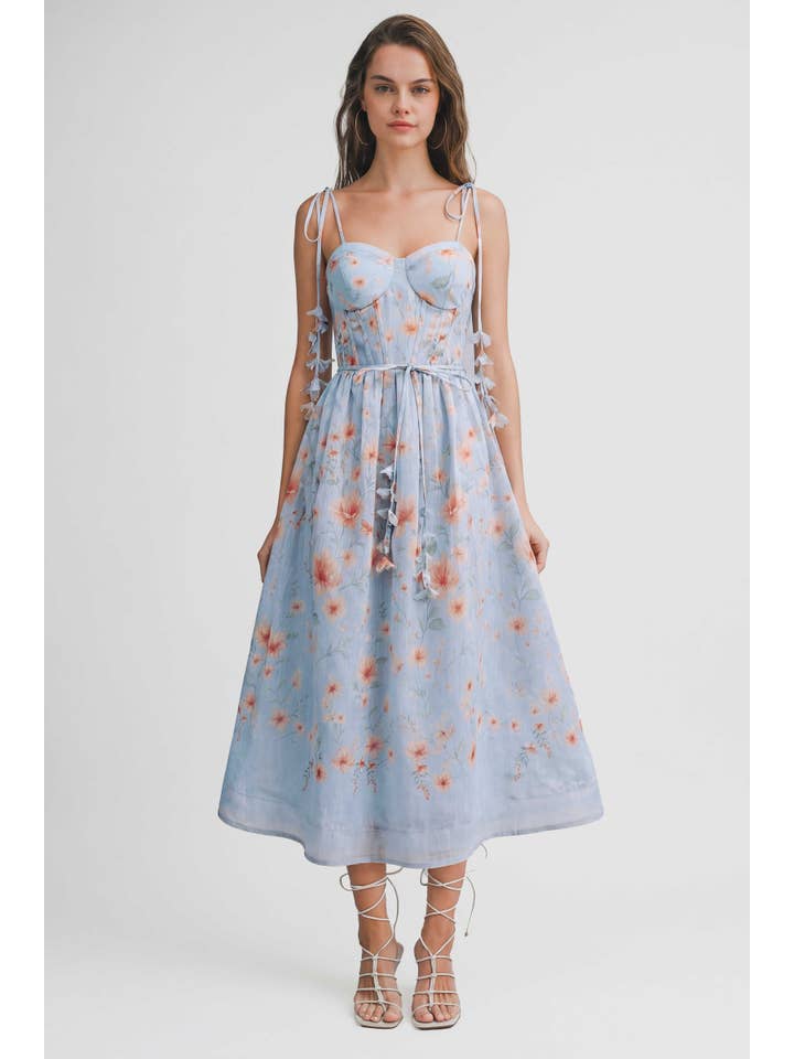 Floral Lace Up Midi Dress - Light Blue