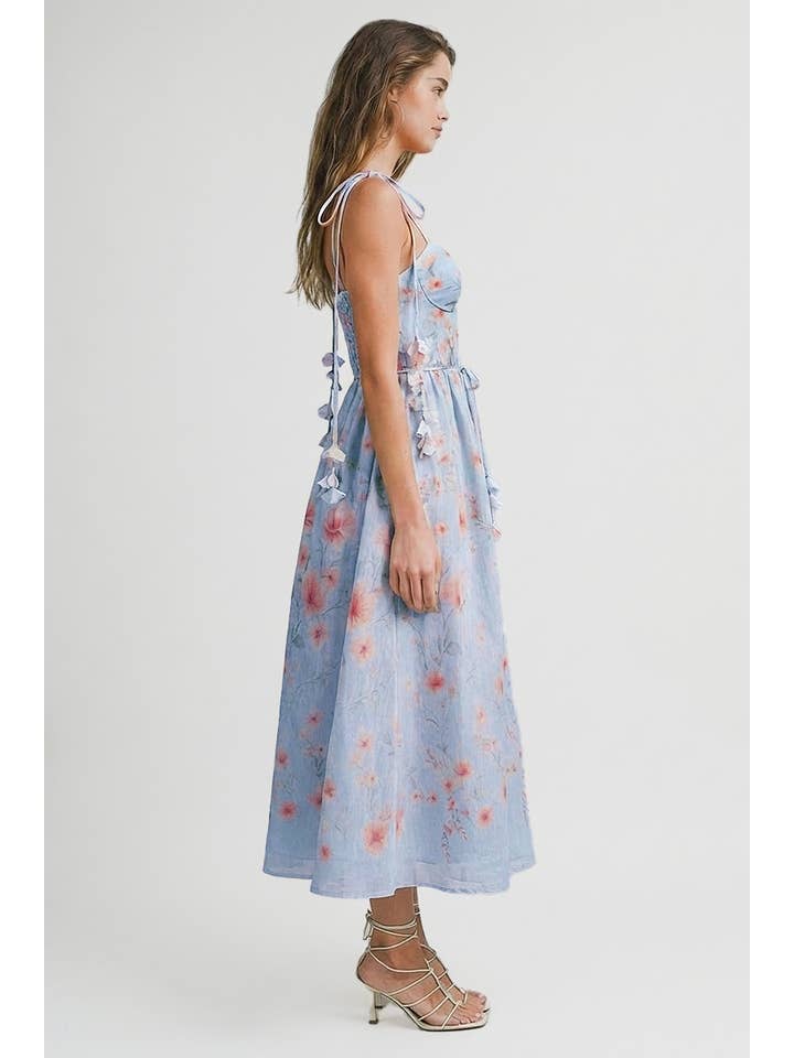 Floral Lace Up Midi Dress - Light Blue